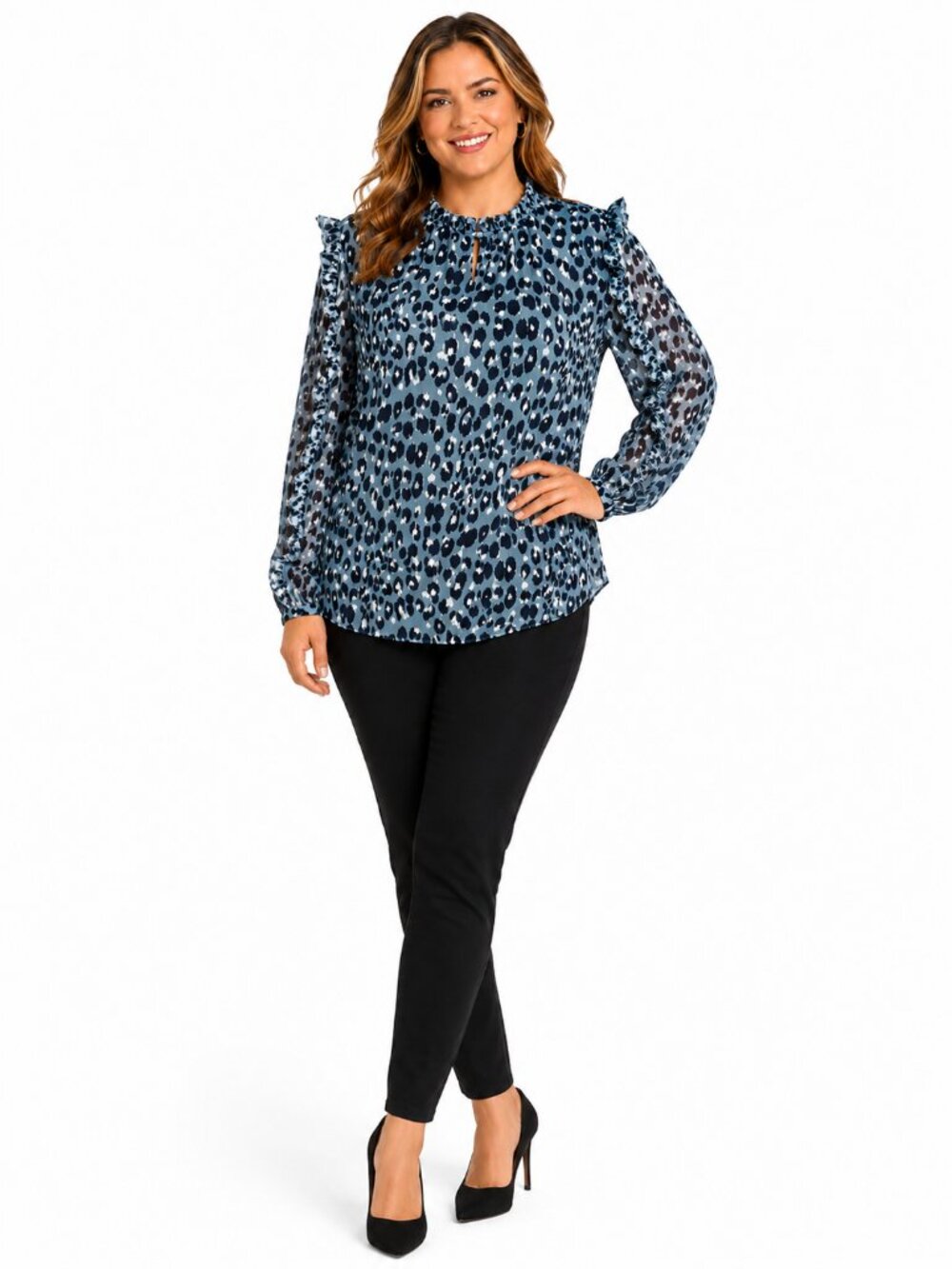 FSL Blue Leopard Print Blouse, Ruffled Long Sleeves, Size Large